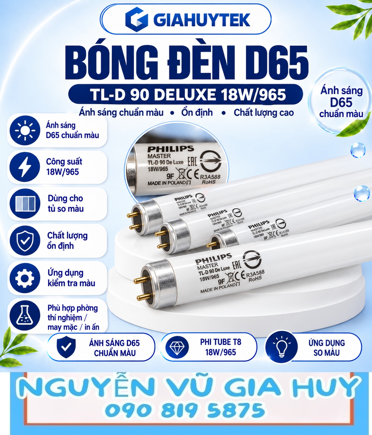 Bóng đèn Philips MASTER TL-D 90 De Luxe 18W/965 T8 chân G13 dùng cho so màu
